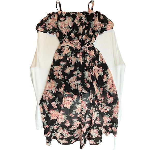 Lily Rose Women Dress M Black Floral A-Line Ruffle Belted Cold Shoulder Rompers - Picture 1 of 14